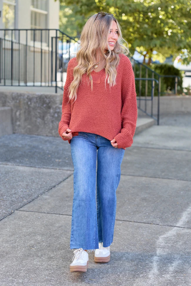Mckenzie Rust Open Knit V-Neck Sweater DOORBUSTER | Pink Lily