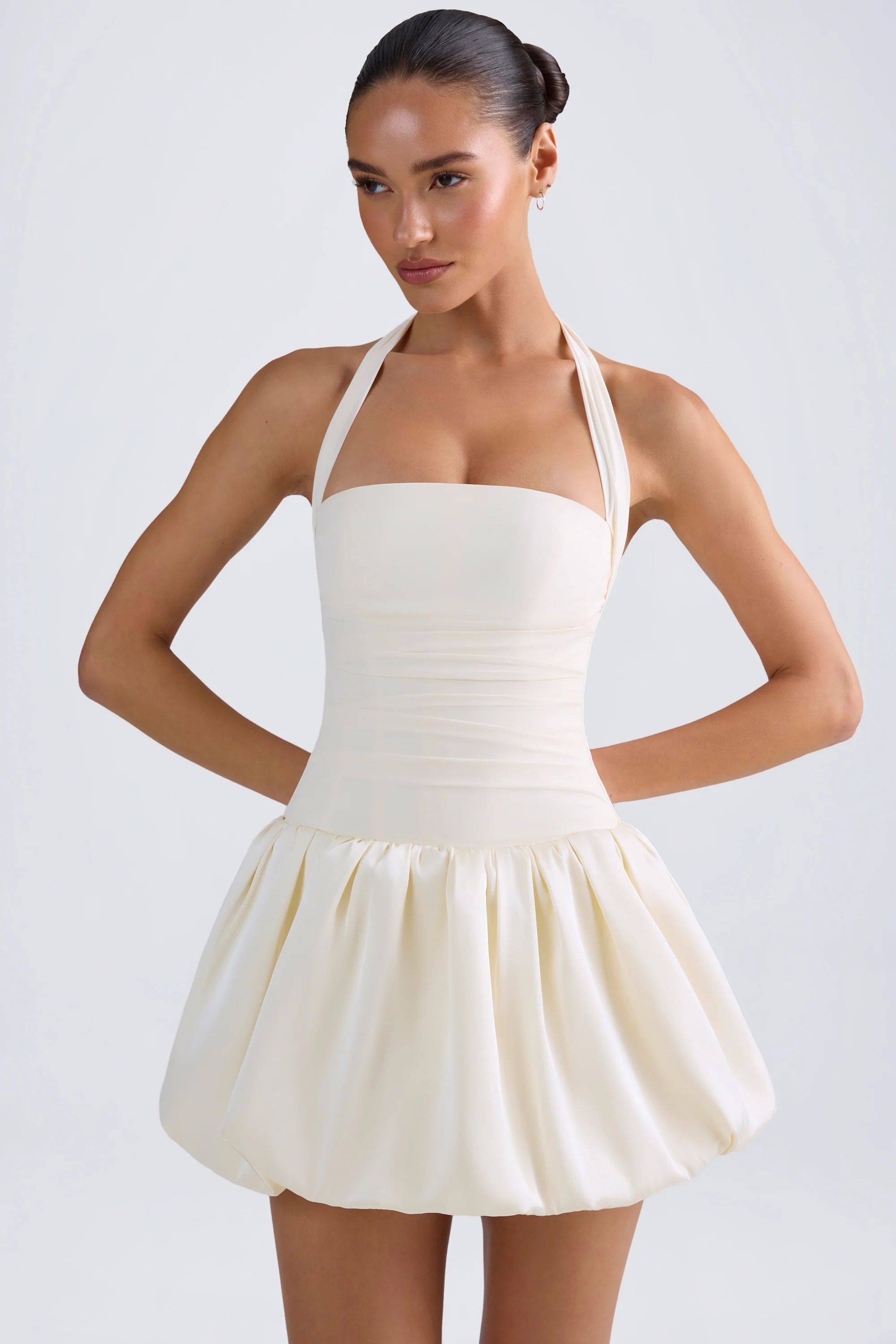 Halterneck Lace-Up Bubble Hem Corset Micro Mini Dress in Ivory | Oh Polly