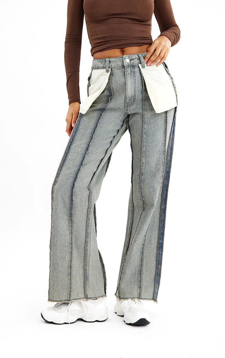 Washed Grey Inside Out Look Wide Leg Jeans | PrettyLittleThing UK