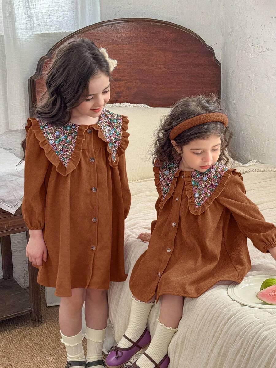 LMoss Kids Young Girl Woven Solid Color Patchwork Ditsy Floral Peter Pan Collar Casual Dress | SHEIN