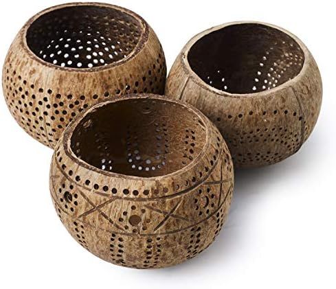 Coconut Shell Wood Candle Holders (Set of 3) with Coconut Scented Tealight Candles - Boho Decor, Vot | Amazon (US)