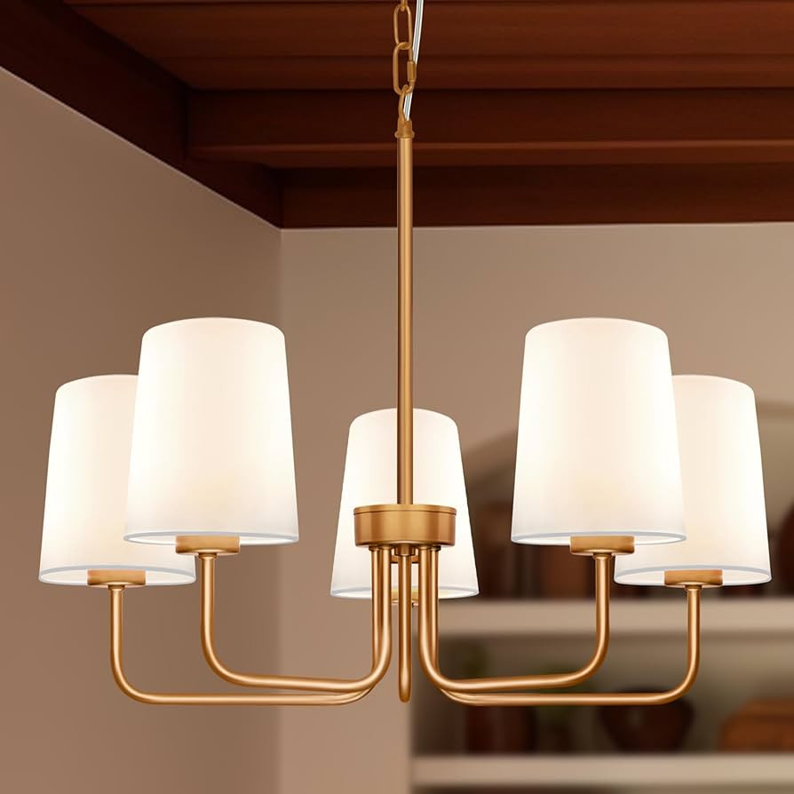 Farmhouse Chandelier, 5-Light Brass Chandelier with White Fabric Shade, Height Adjustable Modern ... | Amazon (US)