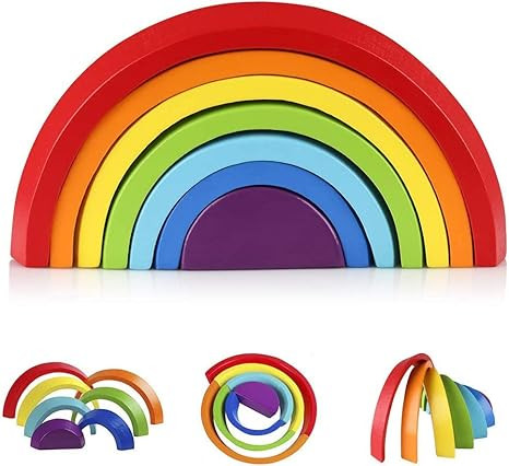 Coogam Wooden Rainbow Stacker Nesting Puzzle Blocks - Tunnel Stacking Game Building Creative Colo... | Amazon (US)