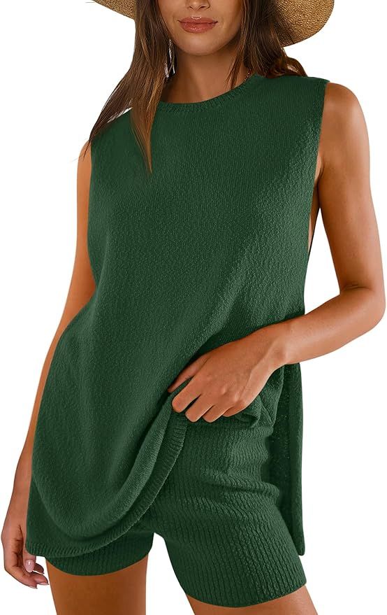 ANRABESS Women Summer 2 Piece Outfits Sleeveless Knit Sweater Top & Shorts Soft Lounge Sets Trave... | Amazon (US)