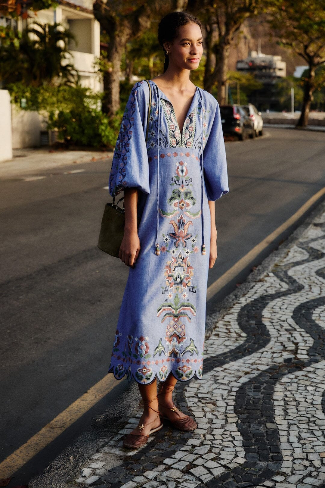Blue Garden Tapestry Embroidered Long Sleeve Midi Dress | FARM Rio | FarmRio (US)