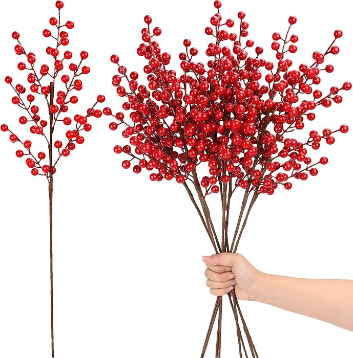Palonu 8 Pcs 25 Inches Artificial Red Berry Stems Extra Long Red Berries Holly Berry Branch Fake ... | Amazon (US)