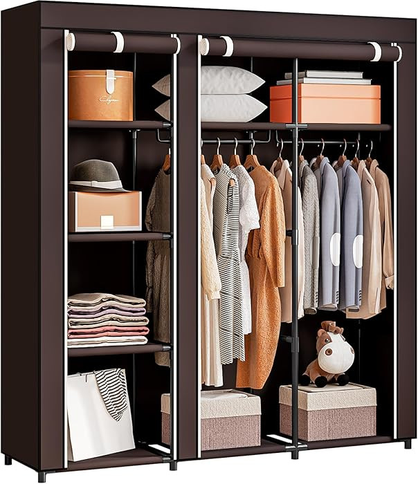 SORCEDAS Portable Wardrobe Closet Storage Organizer Metal Hanging Rack Non-Woven Fabric (Coffee, ... | Amazon (US)