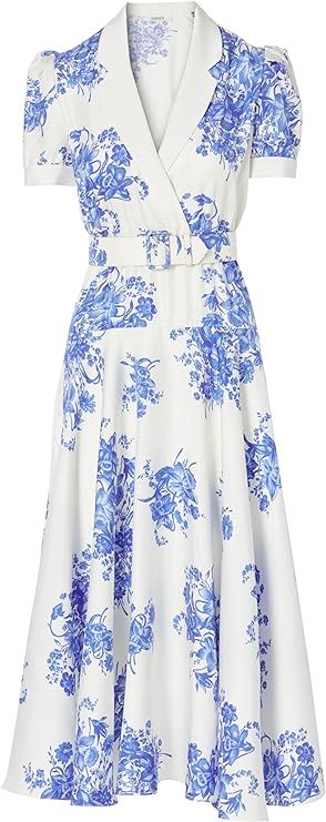 Amazon.com: Rodarte, White And Blue Floral Printed Silk Twill Collared Dress With Belt, White/Blu... | Amazon (US)