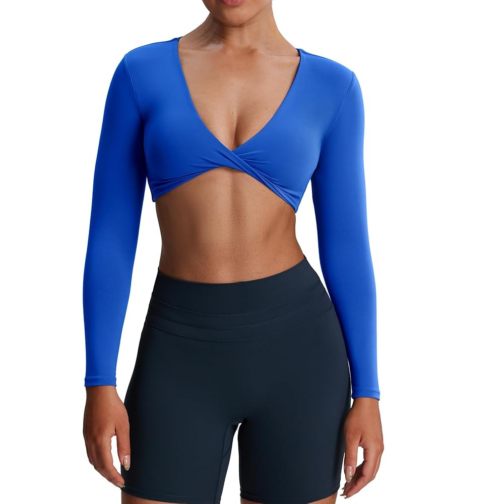 Aoxjox Long Sleeve Crop Tops for Women Sienna Twist Deep V Workout Cropped T Shirt Top | Amazon (US)