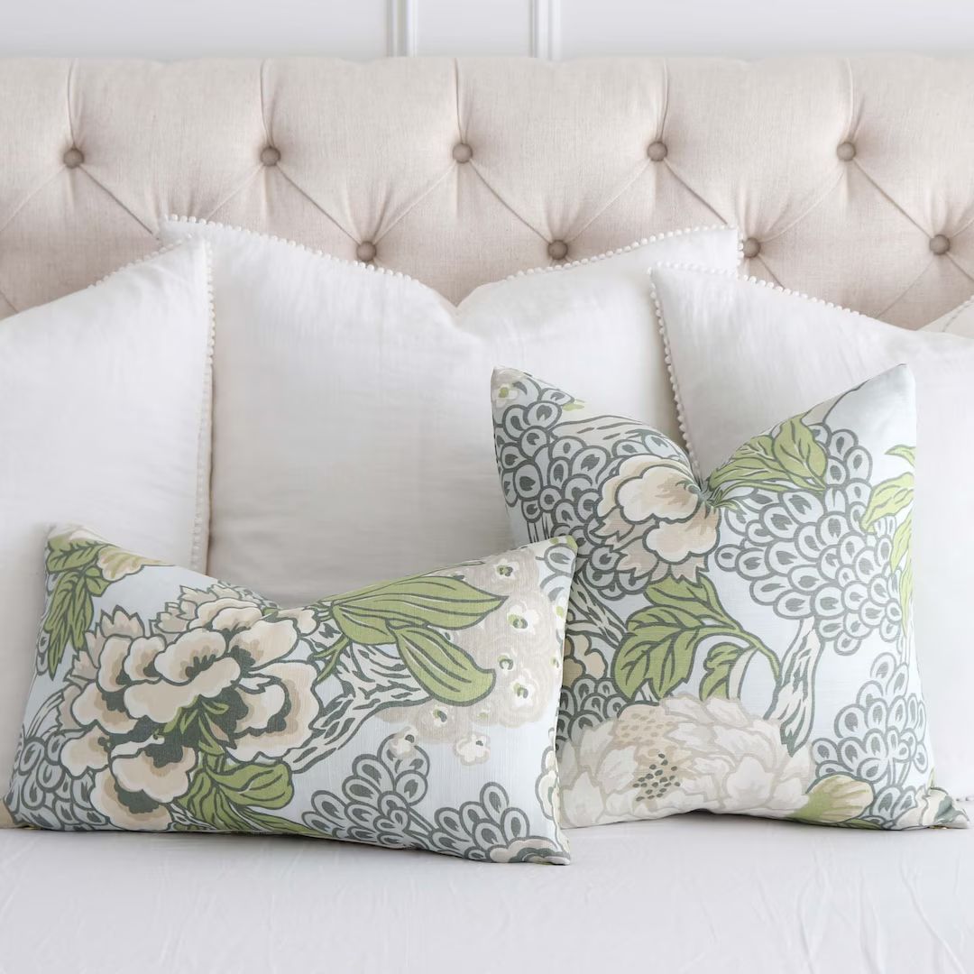 Light Blue Floral Throw Pillow Cover Case, Large Garden Print Lumbar Cushion, Botanical Decor Bed... | Etsy (US)