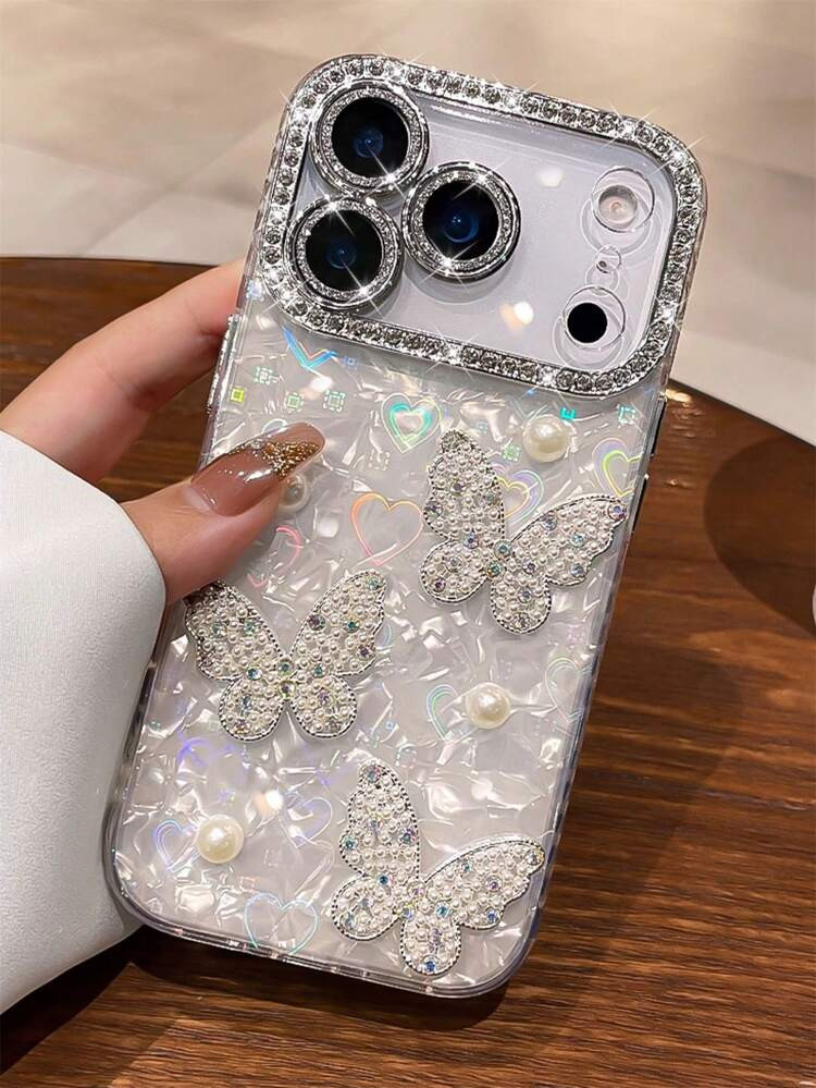 Butterfly Luxury Rhinestone ‌Bling Lens Protector‌ 3D Cute Pearl Butterfly Phone Case Compatible With IPhone 17ProMax 17Pro 17Air 17 16 15 14 13 12 Pro Max 11 Shockproof Case Lovely Protective Back Cover | SHEIN