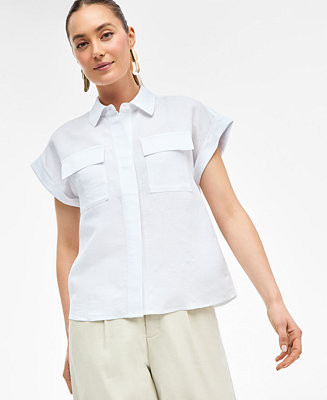 I.N.C. International Concepts Women's Linen-Blend Short-Sleeve Blouse, XS-PXL, Exclusively at Mac... | Macy's