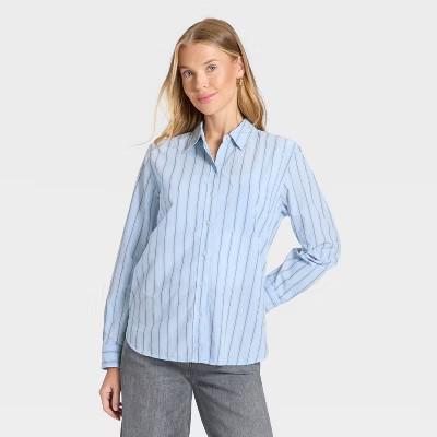 Women's Long Sleeve Collared Neck Button-Down Shirt - Universal Thread™ Blue Striped XS | Target