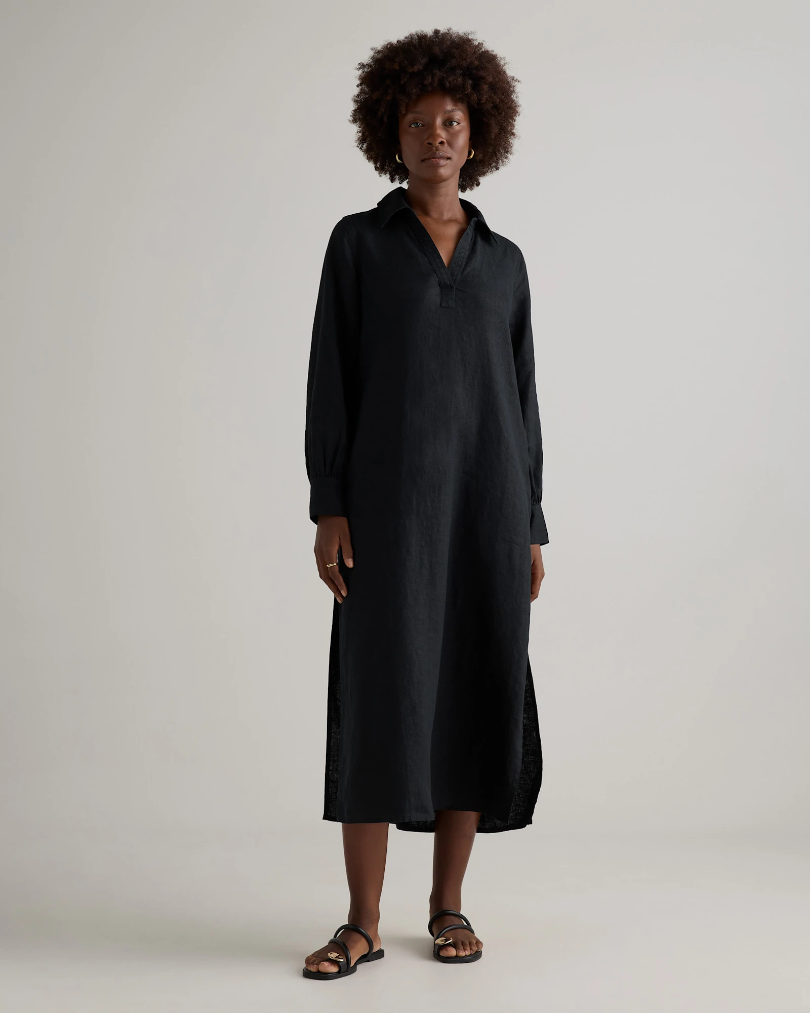 100% European Linen Popover Maxi Dress in Black | Quince