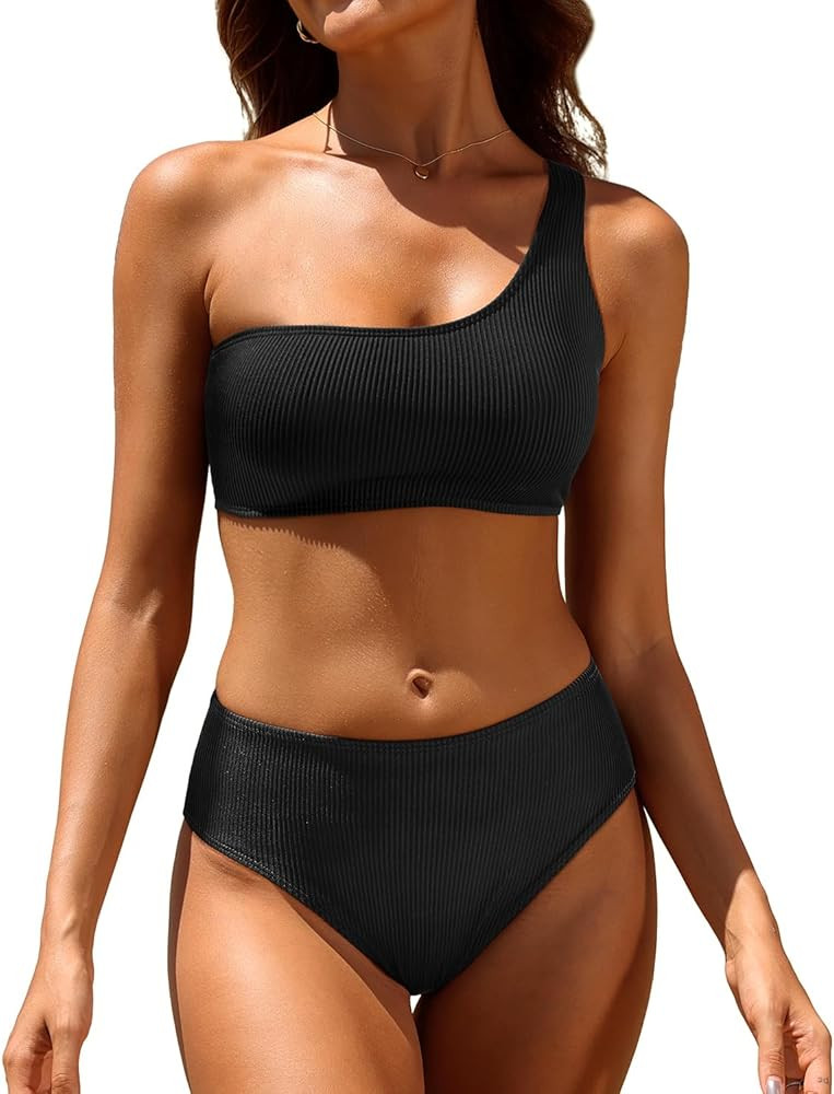 Tempt Me Women One Shoulder High Waisted Bikini Ribbed Two Piece Swimsuits Two Piece Bathing Suit | Amazon (US)