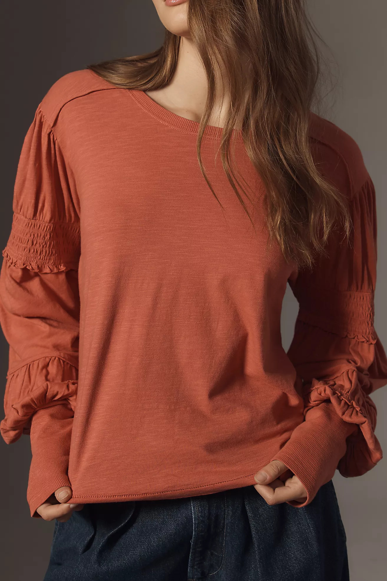 Pilcro Crew-Neck Ruched & Smocked-Sleeve TopPilcro20 Reviews Reviews$49.95$78.00Color: ROSEFitSta... | Anthropologie (US)