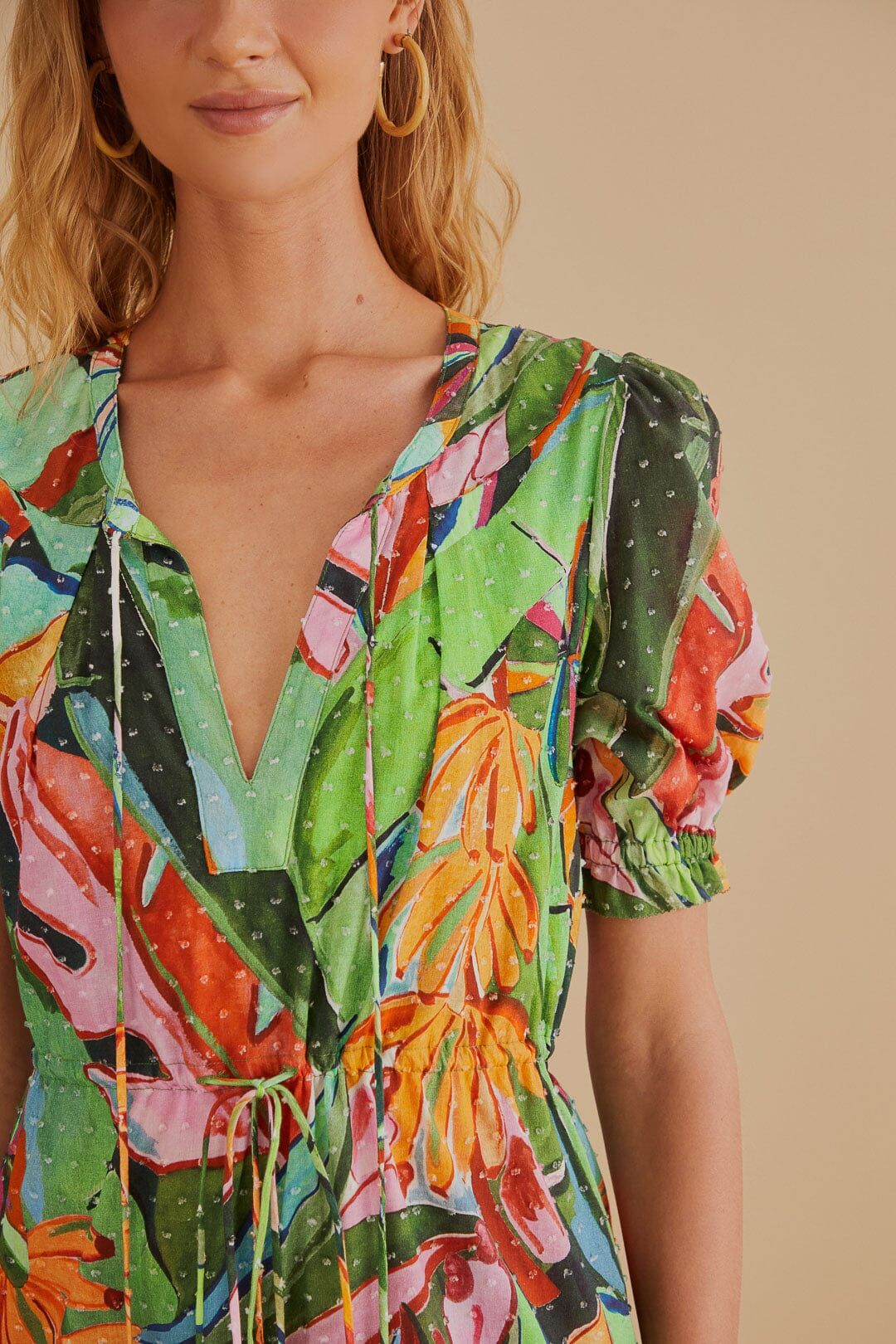 Multicolor Banana Foliage Short Sleeve Mini Dress | FarmRio