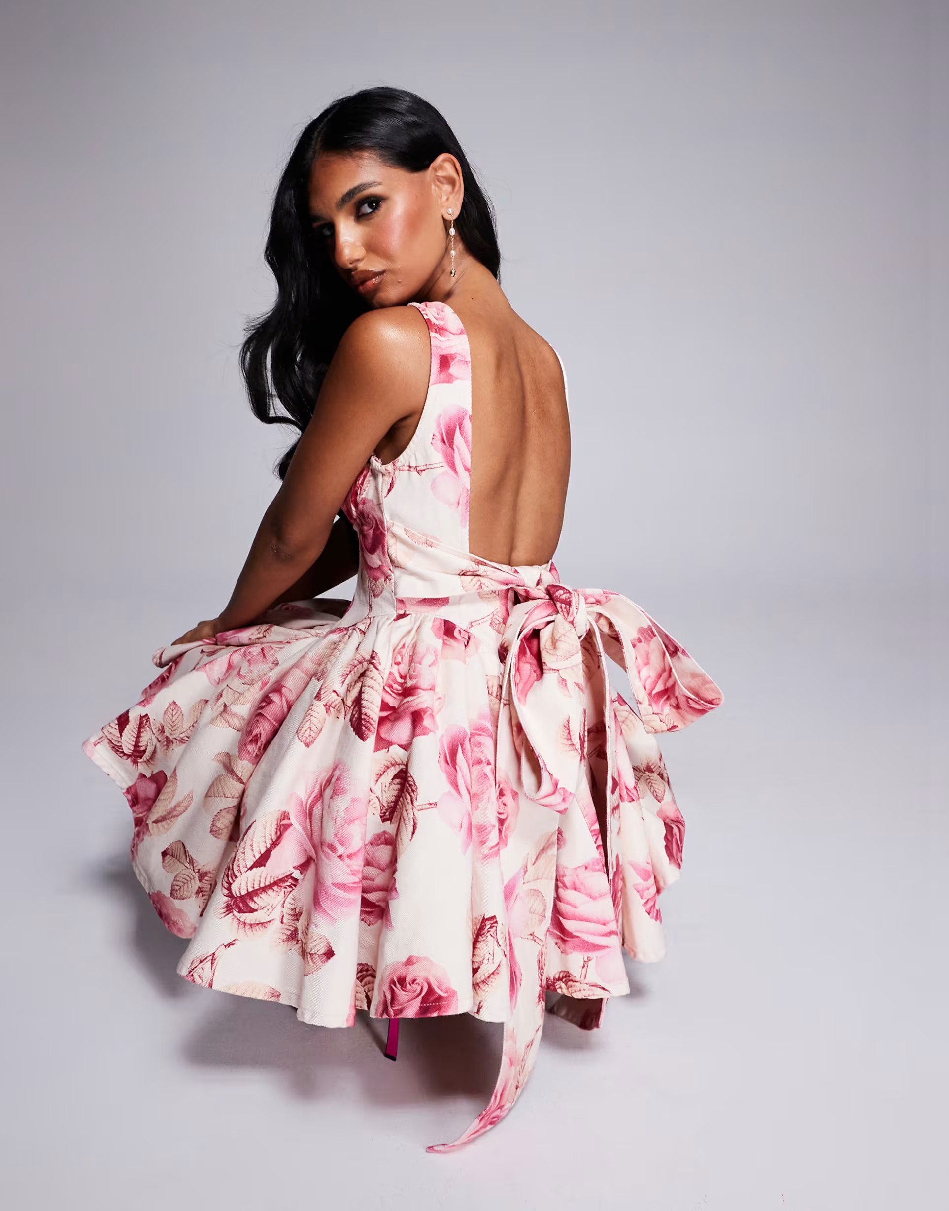 ASOS LUXE denim corseted printed skater mini dress with bow back in pink floral | ASOS (Global)