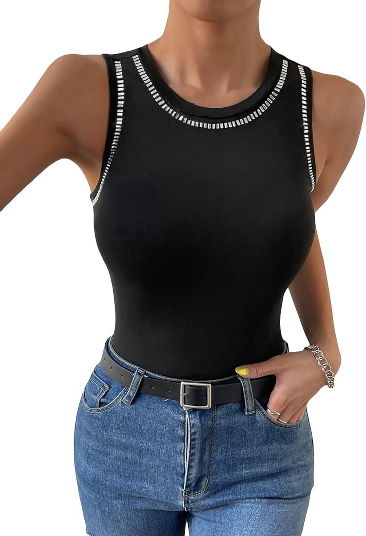 WDIRARA Women's Rhinestone Beaded Round Neck Sleeveless Summer Top Casual Tank Top | Amazon (US)