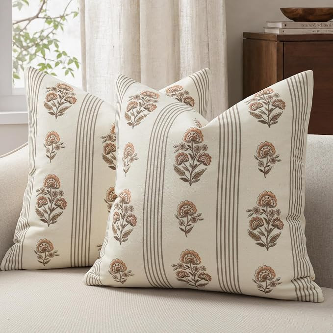 Vintage Throw Pillow Covers 18x18 Set of 2, Striped Floral Pillow Cover Botanical Patterned Decor... | Amazon (US)