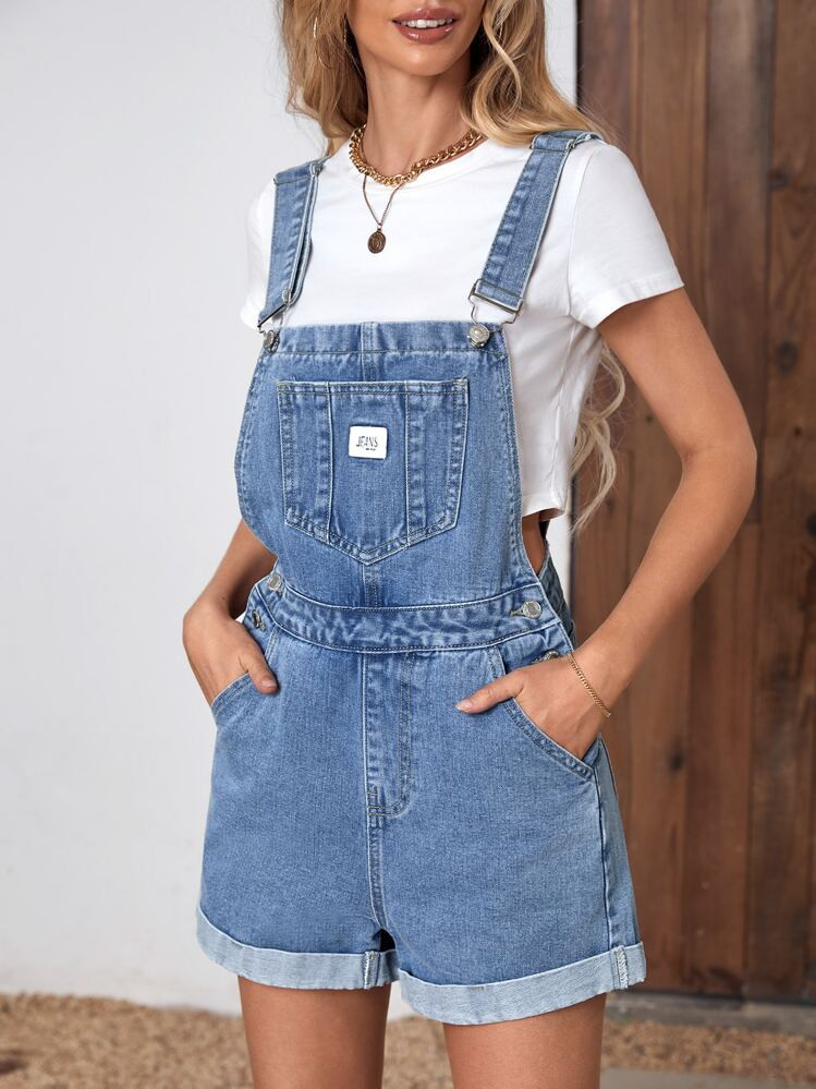 EMERY ROSE Letter Patched Detail Denim Overalls Without Tee | SHEIN