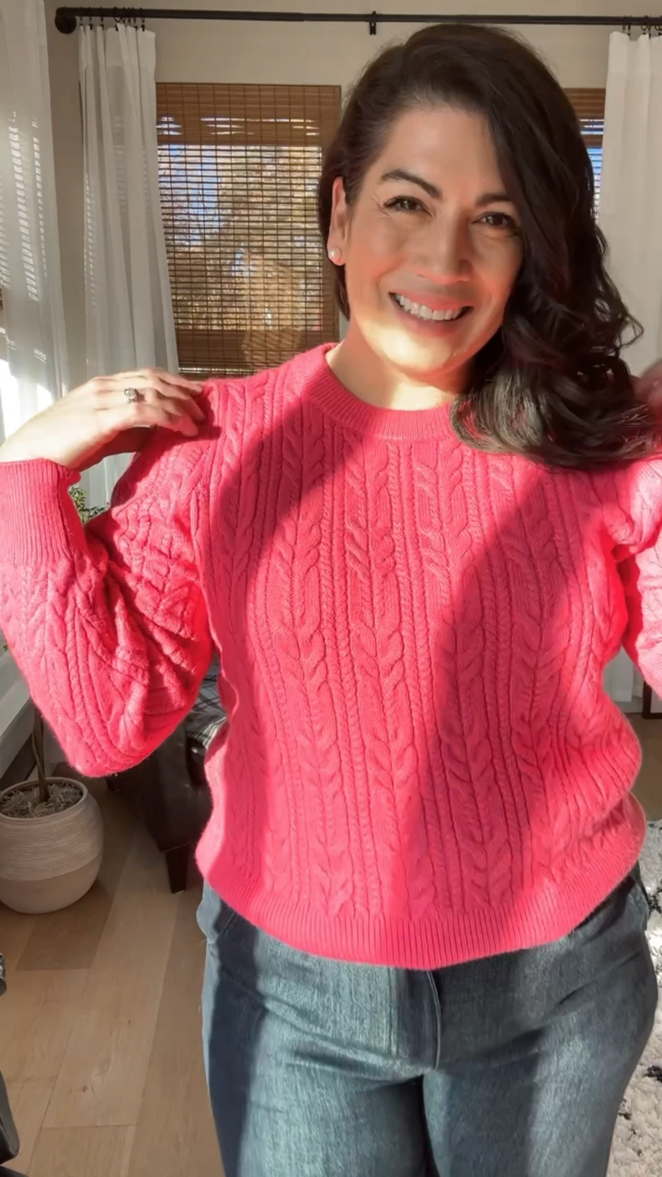 Pink cable knit sweater from Walmart! It’s so soft and pretty 💕
Wide leg jeans 
I’m wearing a 14s and they fit perfectly. 

#LTKmidsize #LTKHoliday #LTKover40
