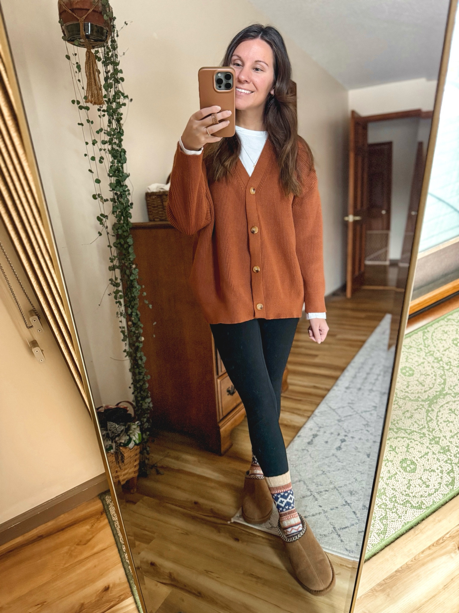 Wearing size large in the white cotton crewneck (I sized up for an oversized fit), a size small on the cardigan (dark apricot color—I also linked a similar cardigan bc sizes are limited in mine) and size xs in the leggings in 25”. My socks are a Christmas present from my husband and super cute and my slippers are comfy! I wear the kids size but linked women’s sizes as well. 

#LTKFindsUnder100 #LTKStyleTip #LTKSeasonal