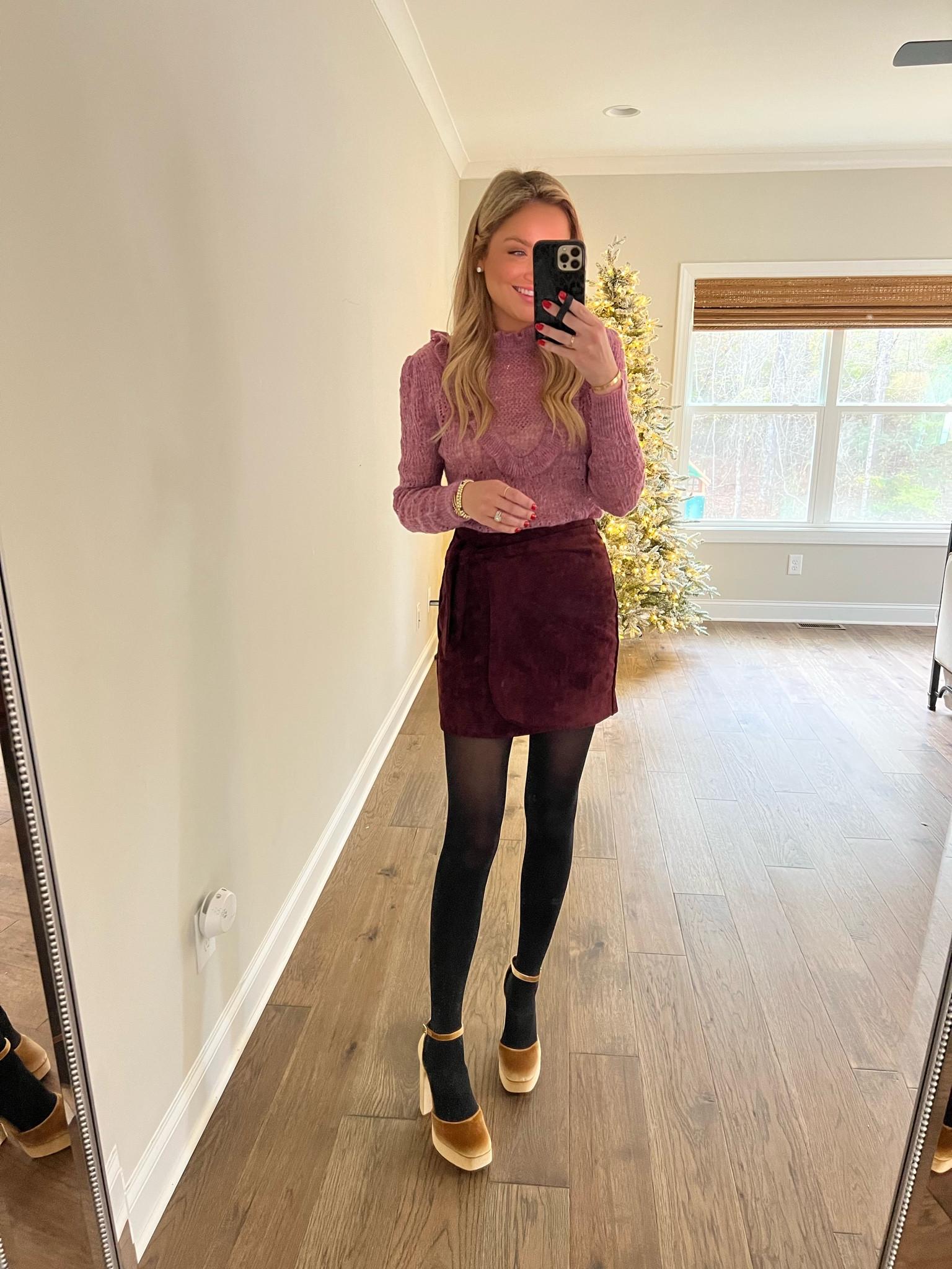 Holiday outfit idea, small in sweater, 26 in skirt, heels TTS 

#LTKHoliday