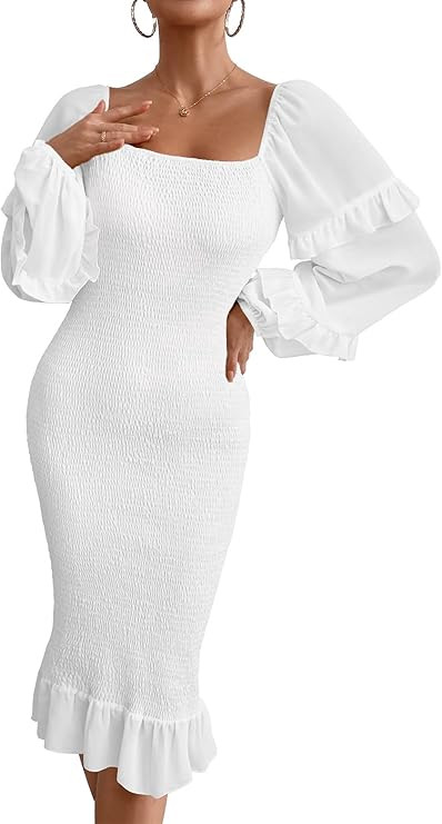 PRETTYGARDEN Womens Square Neck Ruffle Mermaid Smocked Dress | Amazon (US)