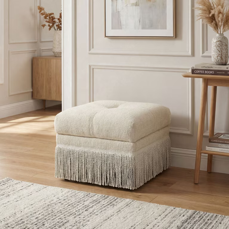 Dayalane 22" Beige Chenille Square Ottoman for Bedroom End of Bed, Mid-Century Fringe Ottoman Foo... | Walmart (US)
