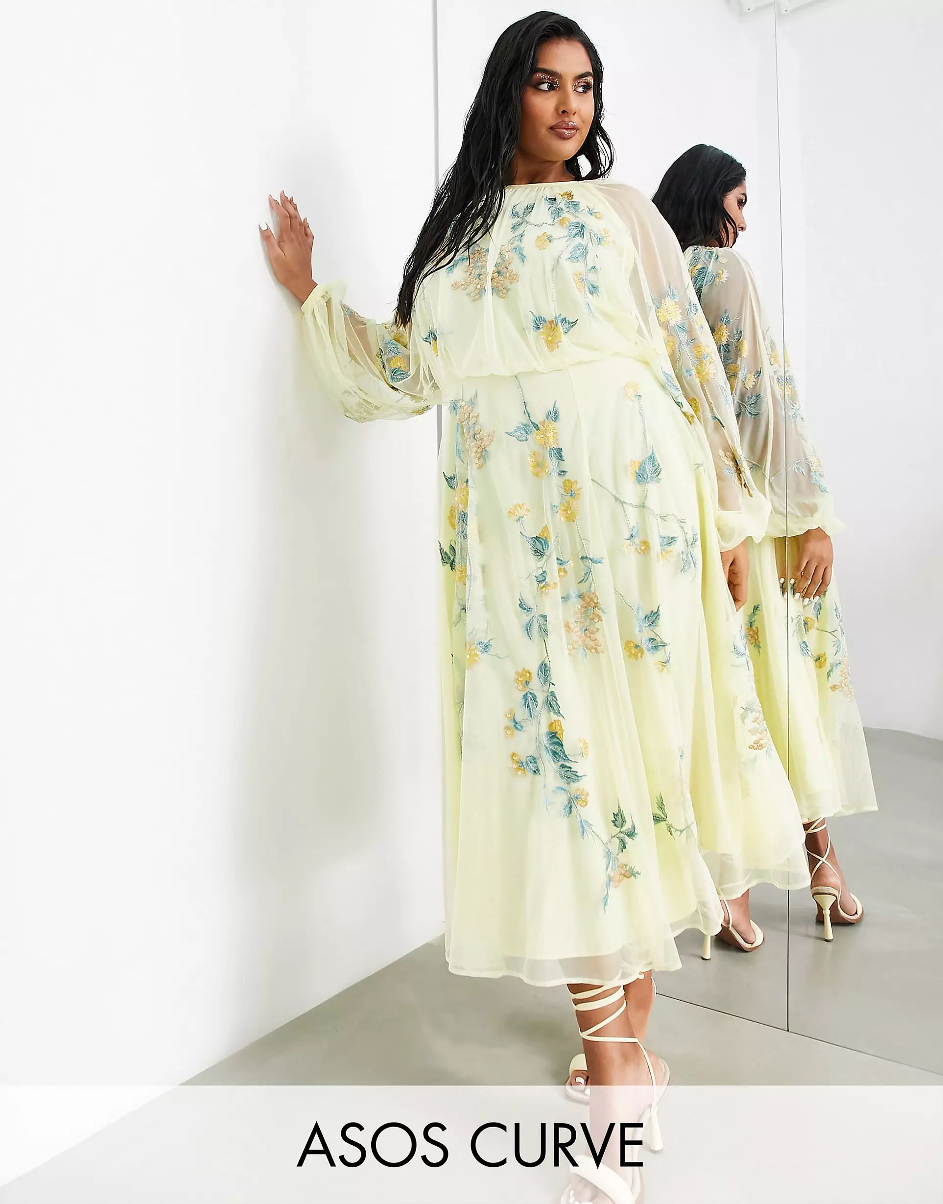 ASOS EDITION Curve floral embroidered mesh midi dress with blouson sleeve in lemon | ASOS (Global)