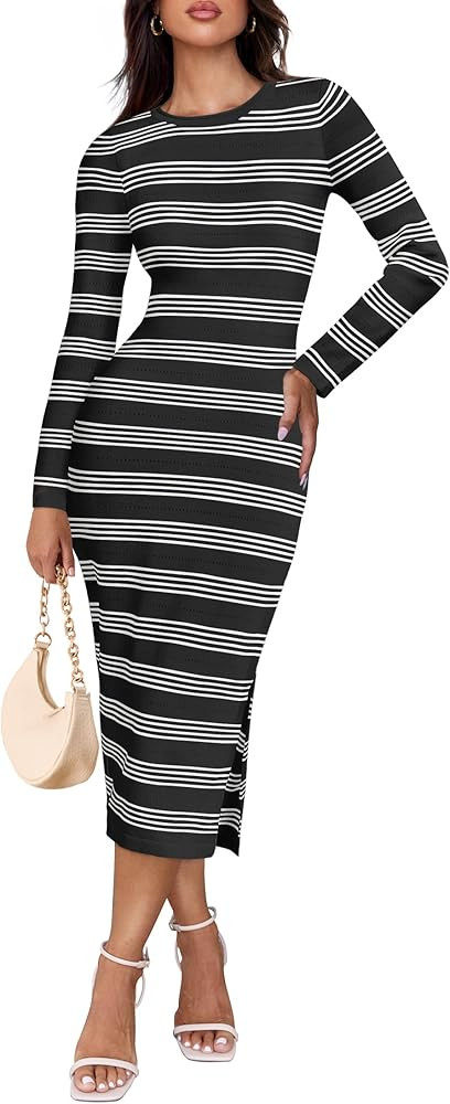 ZESICA Women's Fall Long Sleeve Striped Knit Midi Dresses Crewneck Side Slit Bodycon Sweater Dres... | Amazon (US)