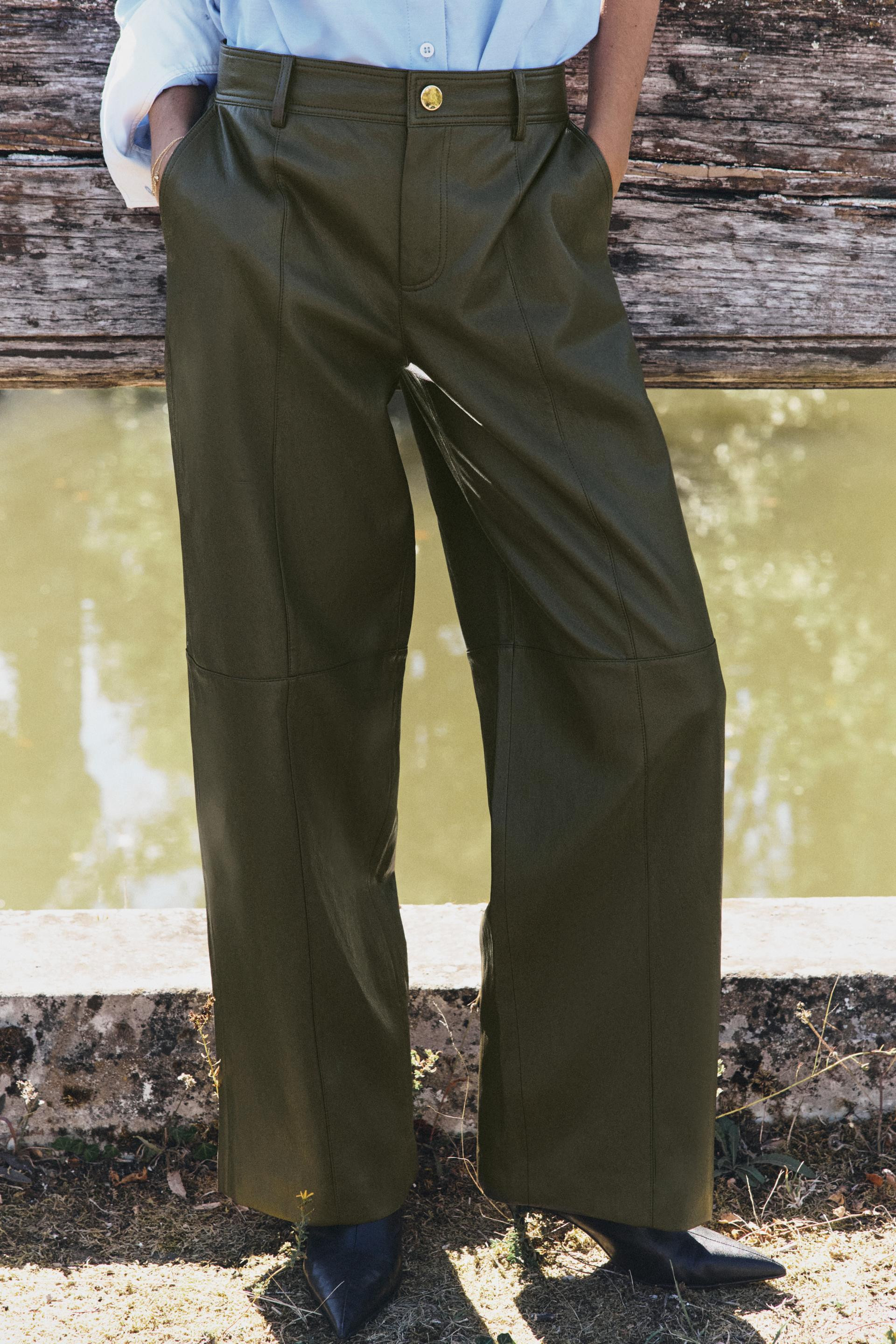 Zara - Faux-Leather Straight Pants - Khaki - S - Woman | Zara US