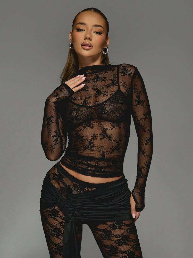 MISSGUIDED Delicate Floral Lace Long Sleeve Mesh Top Transparent High Neck Layering Evening Party Holiday Festival Club Wear Fall Winter Clubbing Night Out | SHEIN