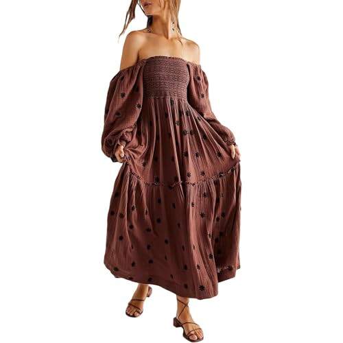 ABYOVRT Women Floral Embroidered Maxi Dress Long Puff Sleeve Square Neck Bohemian Flowy Dress wit... | Amazon (US)