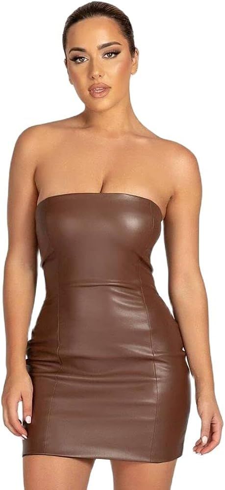 Women Sexy Off Shoulder Faux Leather Strapless Tube Top Mini Dress Bodycon Party Clubwear Dress | Amazon (US)