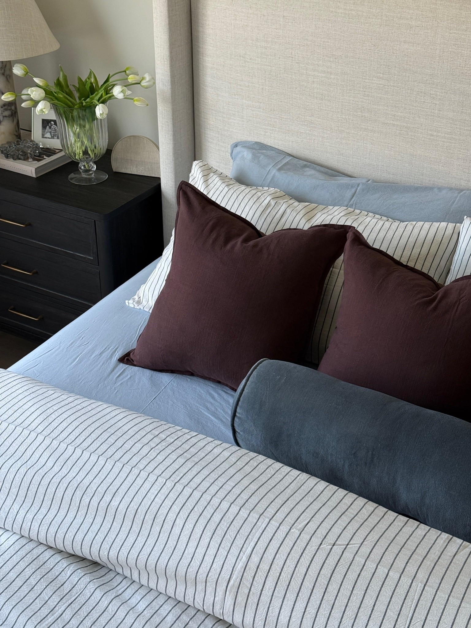 Spring bedding. Neutral bedding decor. Black nightstand. Upholstered bed. Wayfair home

#LTKHome