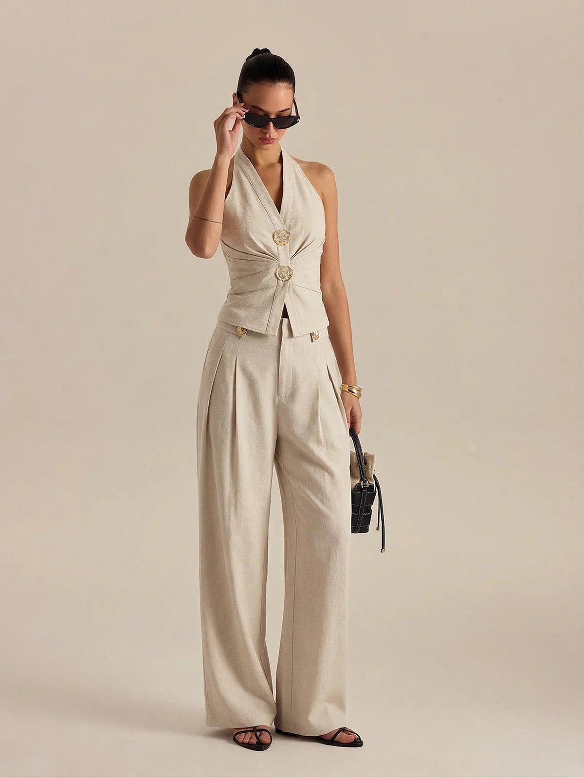 Linen Blend Halter Ruched Top & Pants Set | Commense