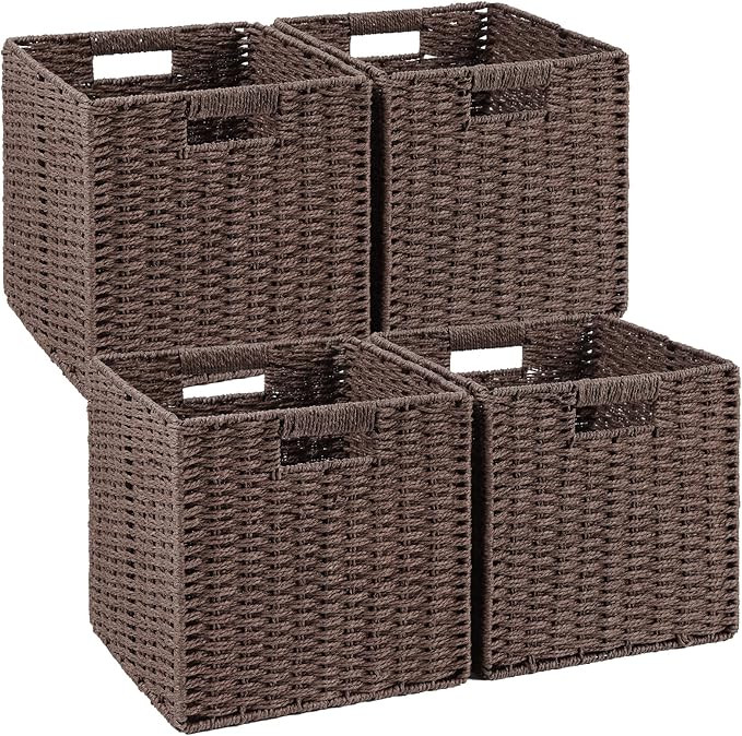 Woven Wicker Storage Baskets 4-Pack, 11x11 Handwoven Paper Rope Organizer Bins, Foldable Cube Sto... | Amazon (US)