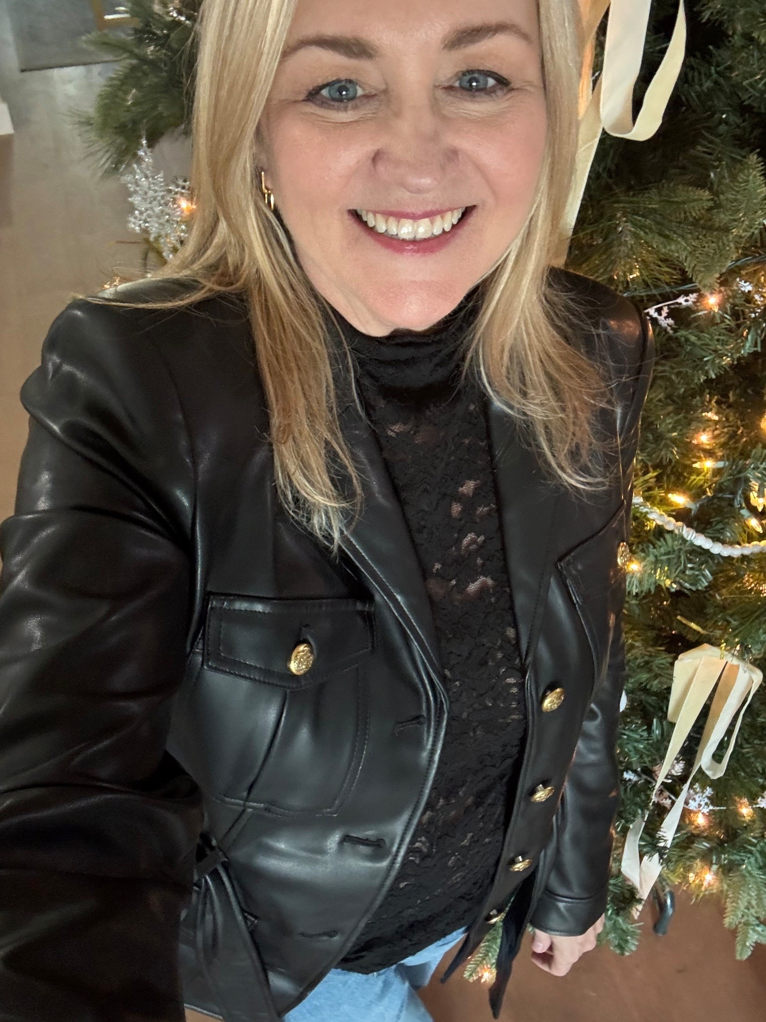 Love this faux leather jacket and lace top!  Holiday outfit, winter outfit 

#LTKGiftGuide #LTKootd #LTKHoliday
