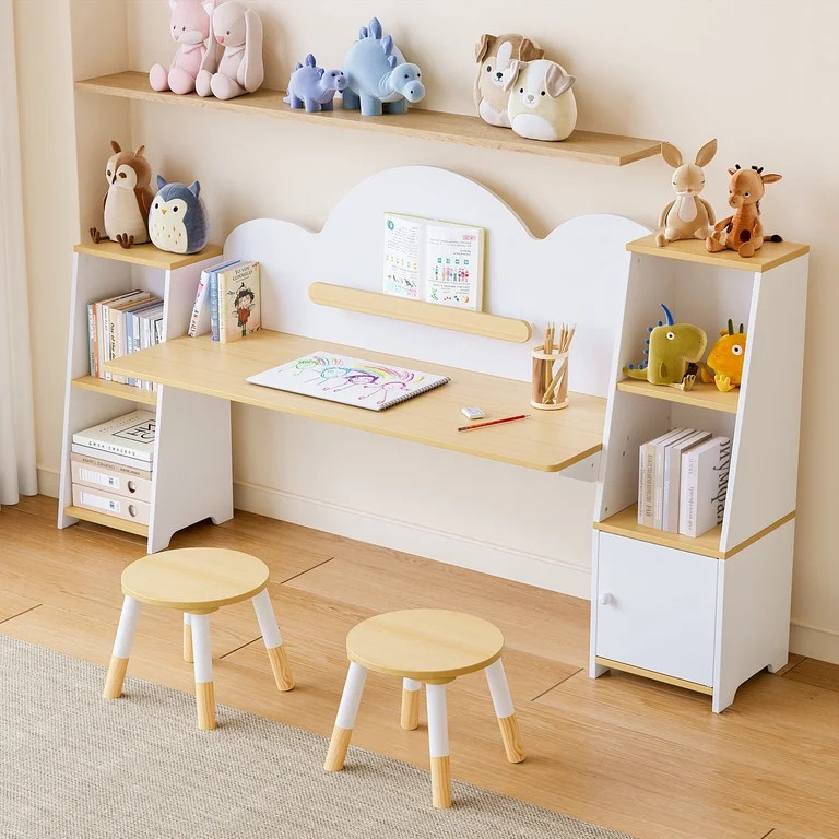 Joywind Kids Desk and Chair Set with Bookshelf & 2 Stools, 5-Storage Cabinet Study Table, Wooden ... | Walmart (US)