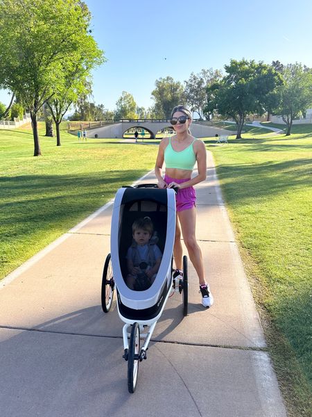 Linking up this mornings running fit. My go to Free People running shorts (XS), an Amazon sports bra, Nike running shoes and my Cybex running jogging stroller. Also linking vans toddler tshirt and shorts 

#LTKfit #LTKunder50 #LTKunder100