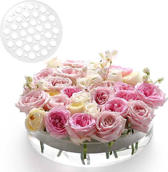 Acrylic Flower Vase 12 in Dia. Circular Leak-Proof Clear Acrylic Low Vase with 31+18 Holes - Low-... | Amazon (US)