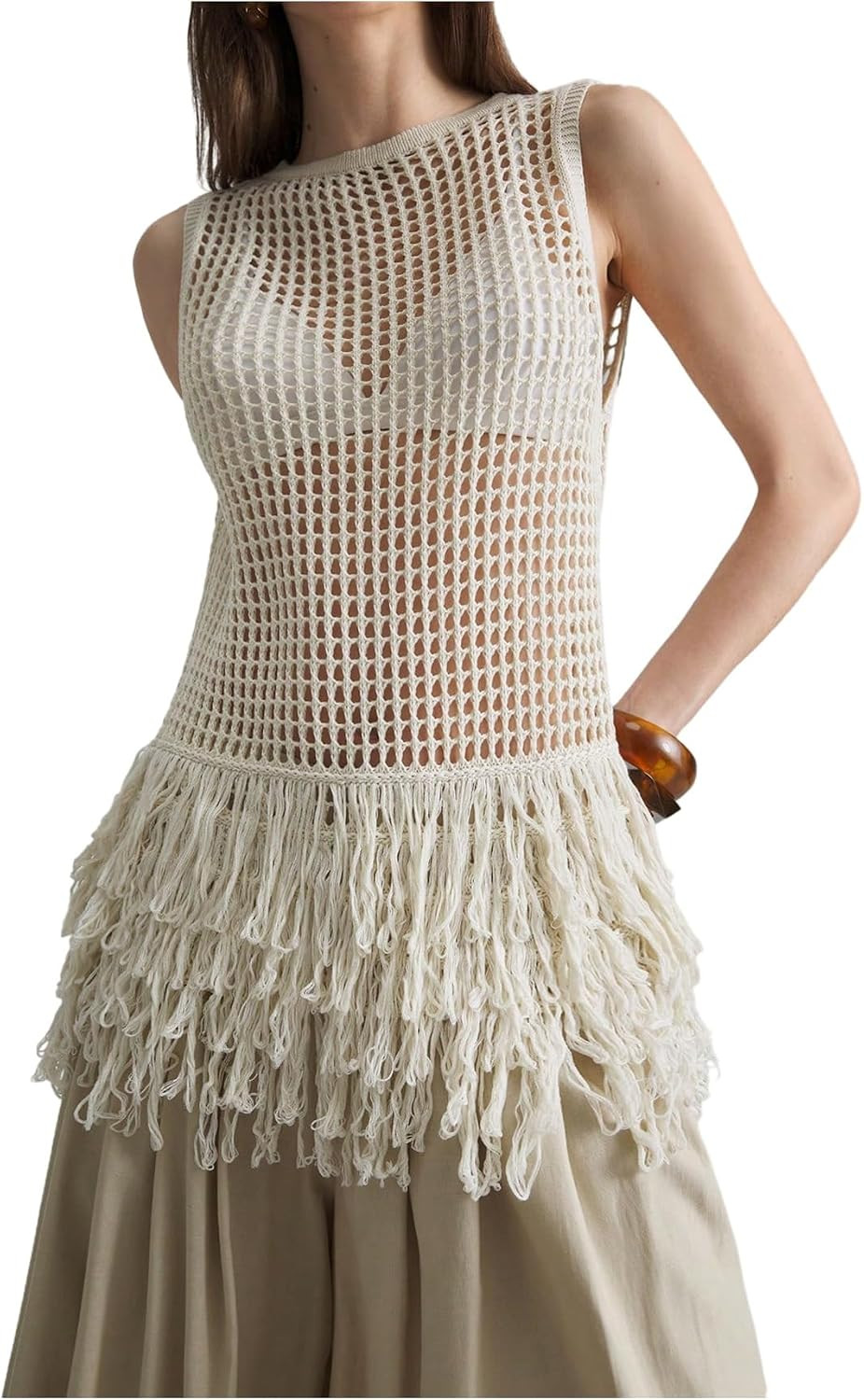 Milumia Women's Fringe Vests Summer Crochet Hollow Out Tank Tops | Amazon (US)