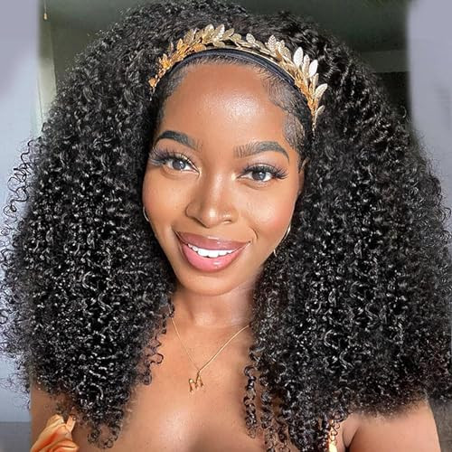 XSY Headband Wig Human Hair Kinky Curly 20 Inch Headband Wigs for Black Women Deep Curly Human Hair Wigs None Lace Front Wig 150% Density Natural Black Color | Amazon (US)