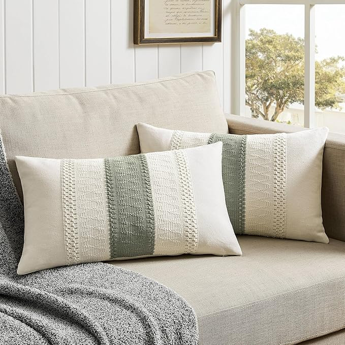 ZeeMart 2 Packs Cotton Boho Lumbar Throw Pillow Covers 12x20 Inch Contrast Green, Soft Farmhouse ... | Amazon (US)