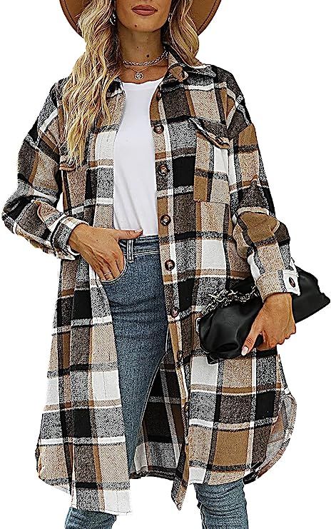 Ownow Womens Casual Flannel Plaid Button Down Jacket Long Sleeve Lapel Pocketed Shacket Coat | Amazon (US)