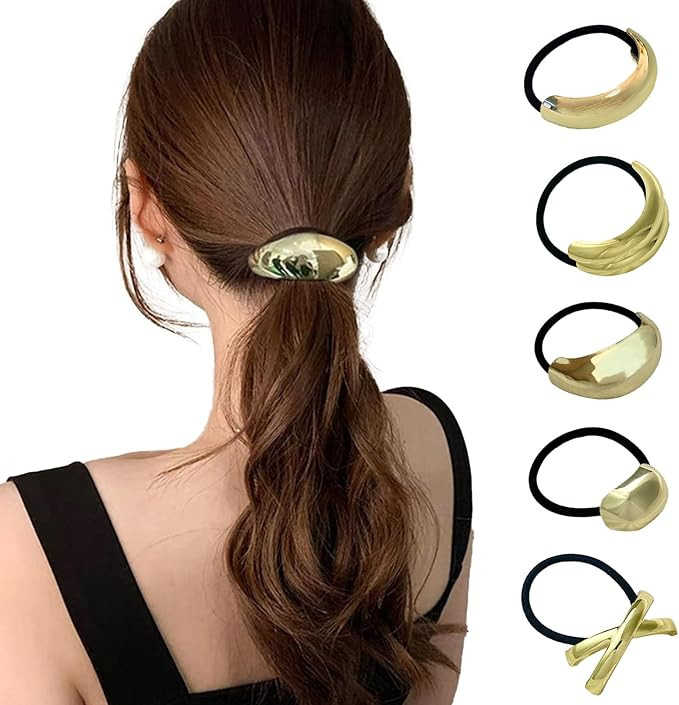 5 Pieces Metal Hair Tie,Ponytail Hair Cuffs,Gold Metal Elastic Hair Bands,Hair Ties for Thick Hai... | Amazon (UK)