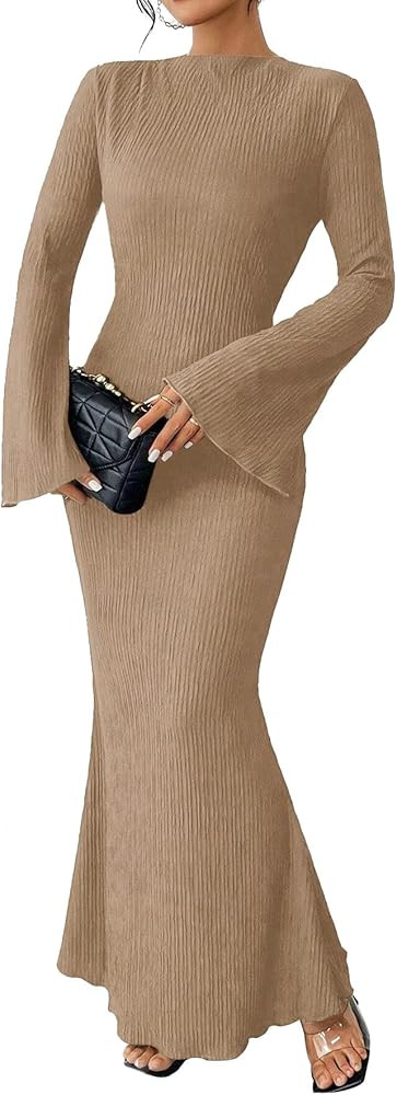 Narecte Women's Fall Maxi Dresses 2024 Boho Solid Color Mermaid Hem Flare Sleeve S-XL | Amazon (US)