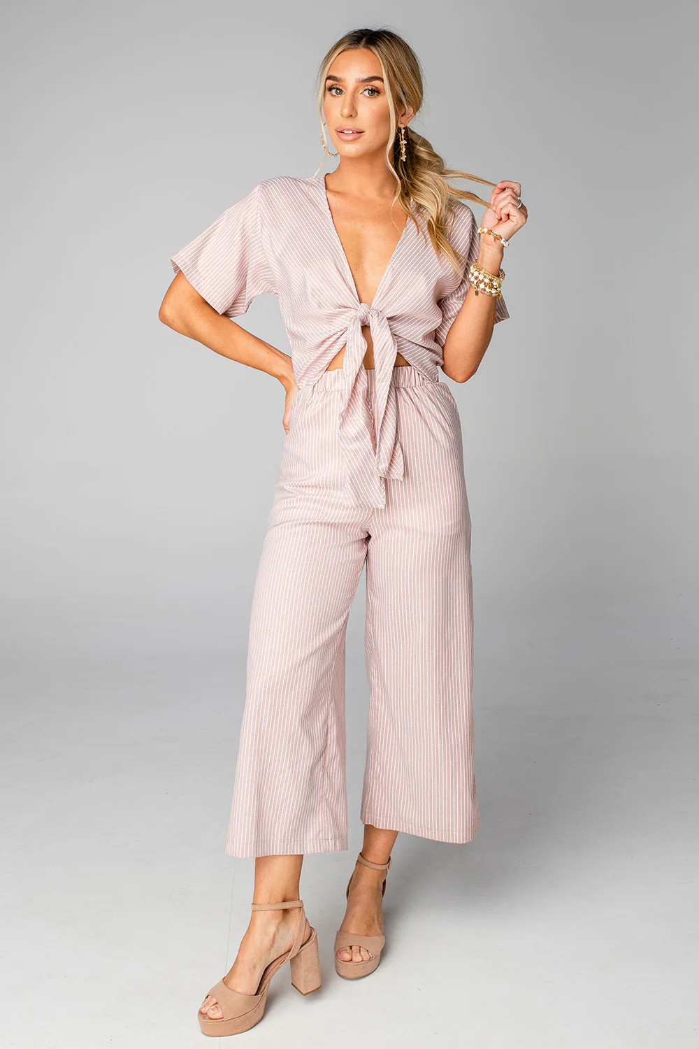 Ilene Cut Out Tie Front Jumpsuit - Tan Stripe | BuddyLove